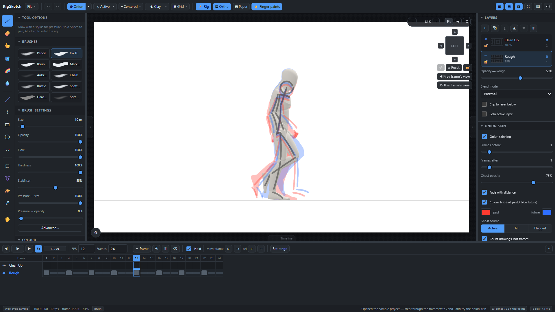 The sample project: a rough pass on held keyframes in the timeline