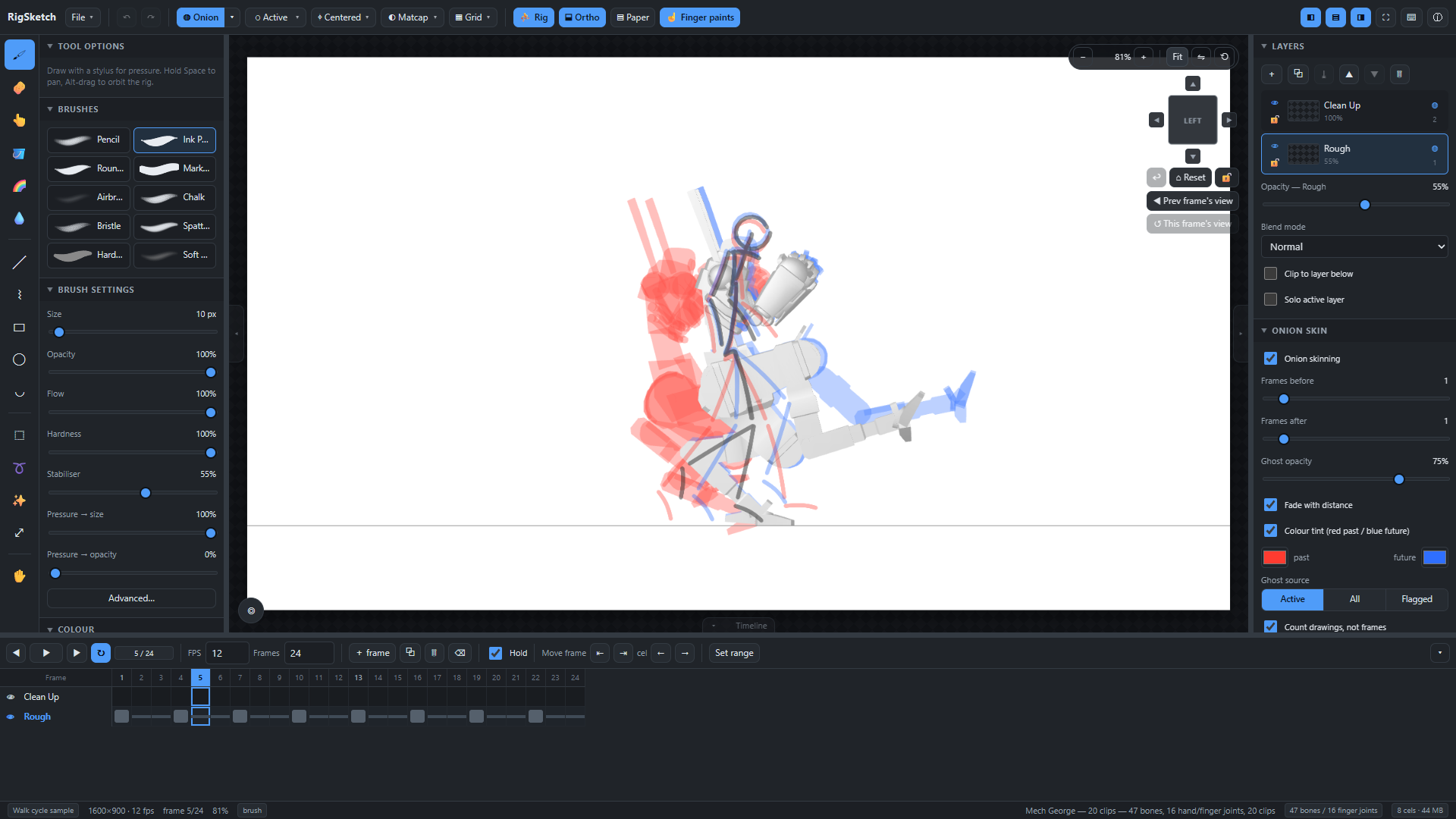 A mech mid-kick in matcap shading